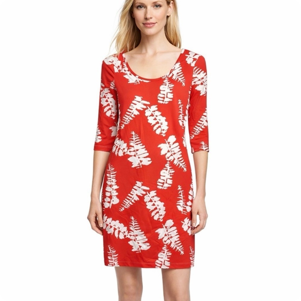 Persifor Red & White Fern Print Dress 3/4 Sleeve Scoop Neck size small Stretchy